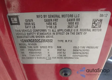 2012 Chevrolet Traverse Lt from USA, damaged, VIN 1GNKRGED2CJ364302